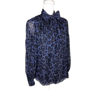 Kate Spade silk blue black leopard sparkle neck bow blouse puffed sleeves XS